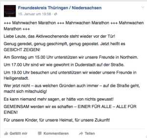 Gemeinsame Mobilsierung über den "Freundeskreis Thüringen / Niedersachsen" für die Mahnwachen am 18.1.2016 von AfD (Lars S.) und NPD (Matthias F.)